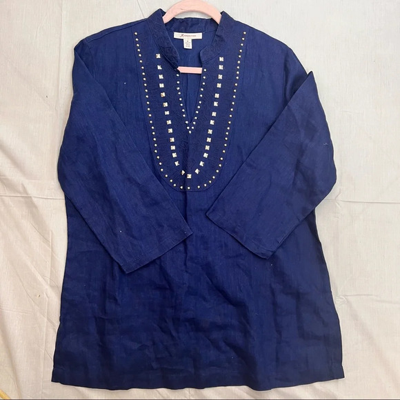JM Collection Tunic Blouse Womens Sz 16 Embroidered Beaded Navy Blue 100% Linen - Picture 8 of 12
